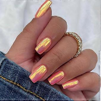 Chrome Press on Nails Medium Square Fake Nails Full Cover Orange Solid Color False Nails with Designs Glossy Glue on Nails Acrylic Nails Stick on Nai