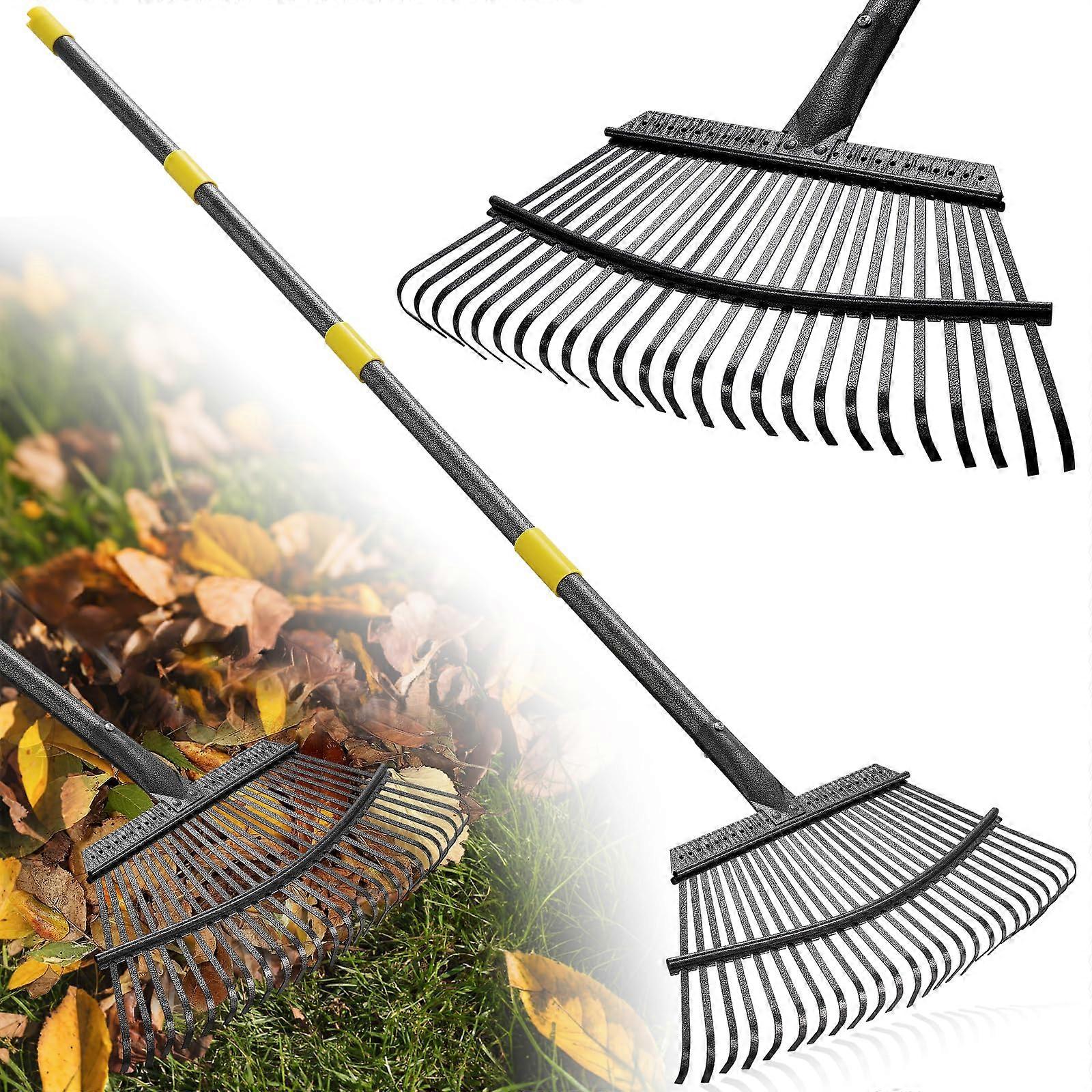 Heavy Duty Metal Leaf Rake 18in Wide Head with 65in Adjustable Handle for Lawn and Garden Cleanup