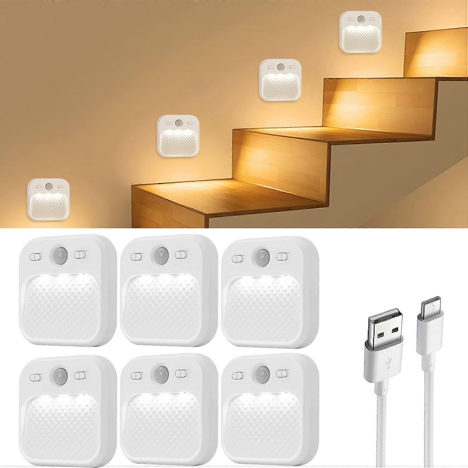 6 Pack Rechargeable Motion Sensor Light with Adjustable Brightness for Indoor Stairs and Closet