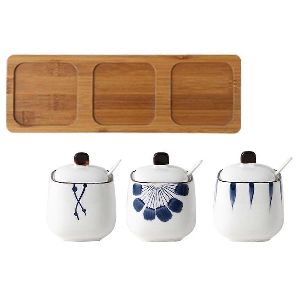 Condiment Tray Ceramic Containers for Kitchen 2Sets with Spoons and Lid