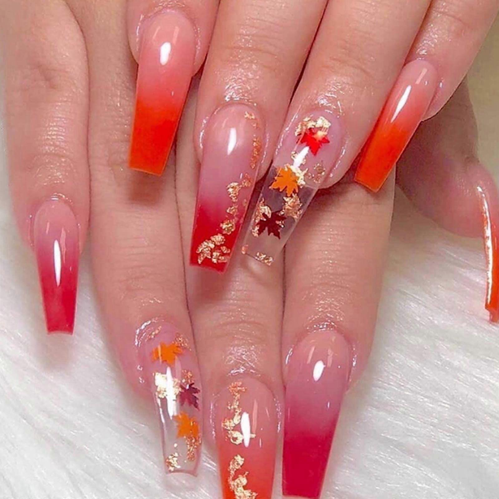 Long Coffin Press on Nails Gradient Fake Nail Set Reusable Full Cover with Leaf Pattern 24PCS