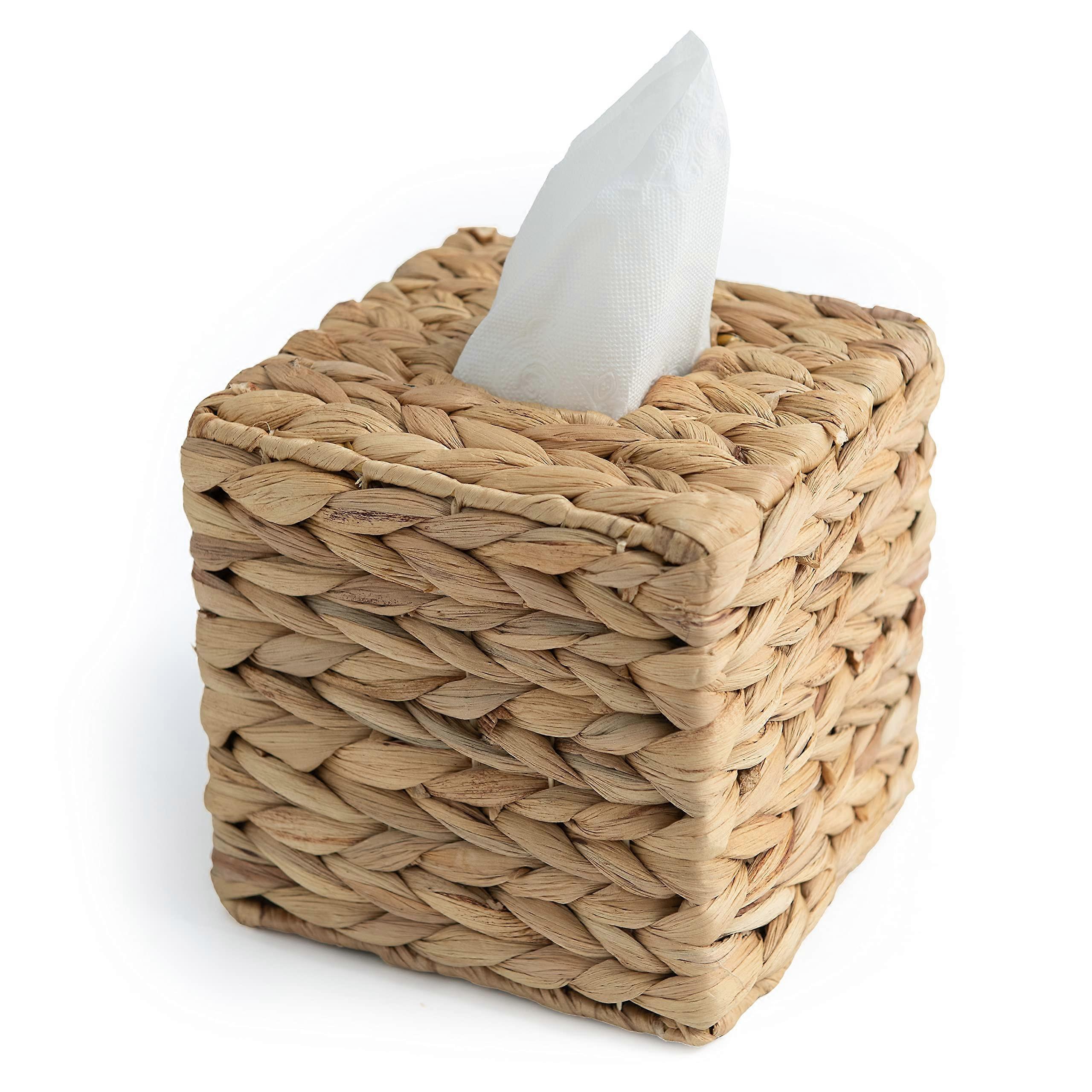 Rattan Tissue Box Cover Square Wicker Holder Rustic Boho Design for Home Bathroom Decor