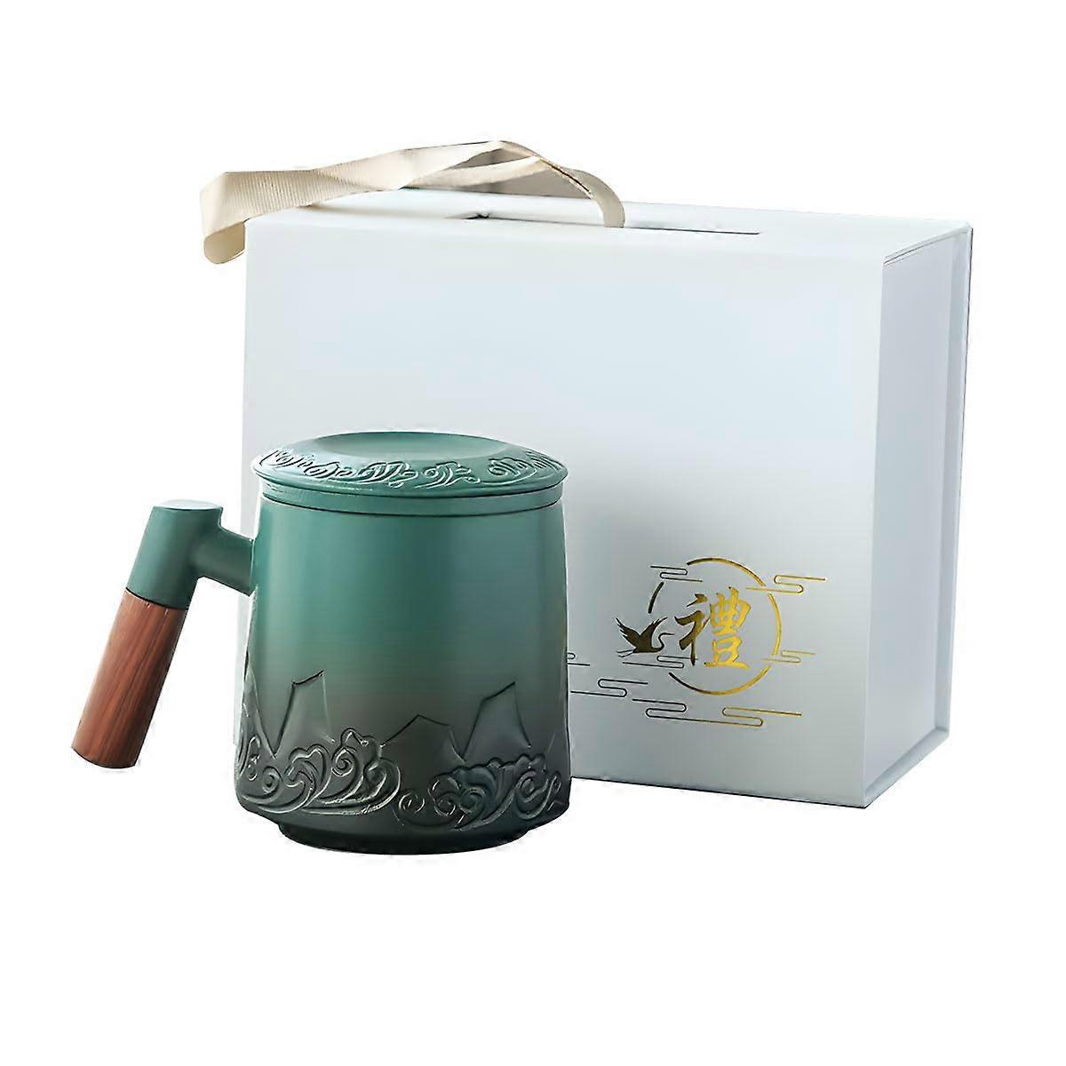 Ceramic Tea Infuser Mug with Lid 12oz Mountain Pattern Green and Black for Loose Leaf Tea