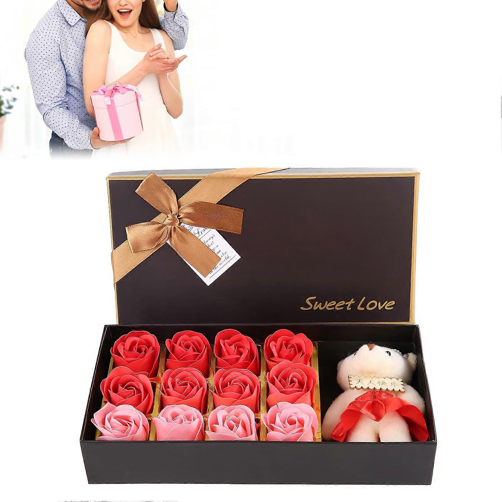 Soap Flower Gift Set 12 Rose Shaped Soaps with Plush Bear, GiftReady Anniversary Present