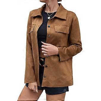 Women'S Fall Boyfriend Faux Suede Leather Jacket Casual Midi Long Button Down Shacket Coat Light Brown XXL