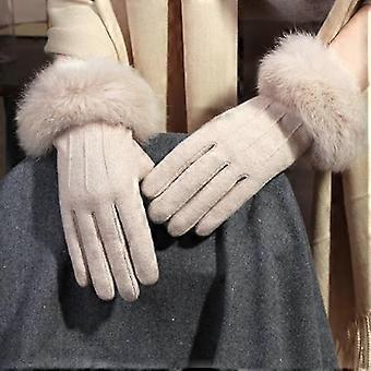 Guantes de piel de conejo Hembra Terciopelo de invierno Espesar mitones cálidos Cachemira Dedo completo Bordado lana Pantalla táctil Guantes de conducción