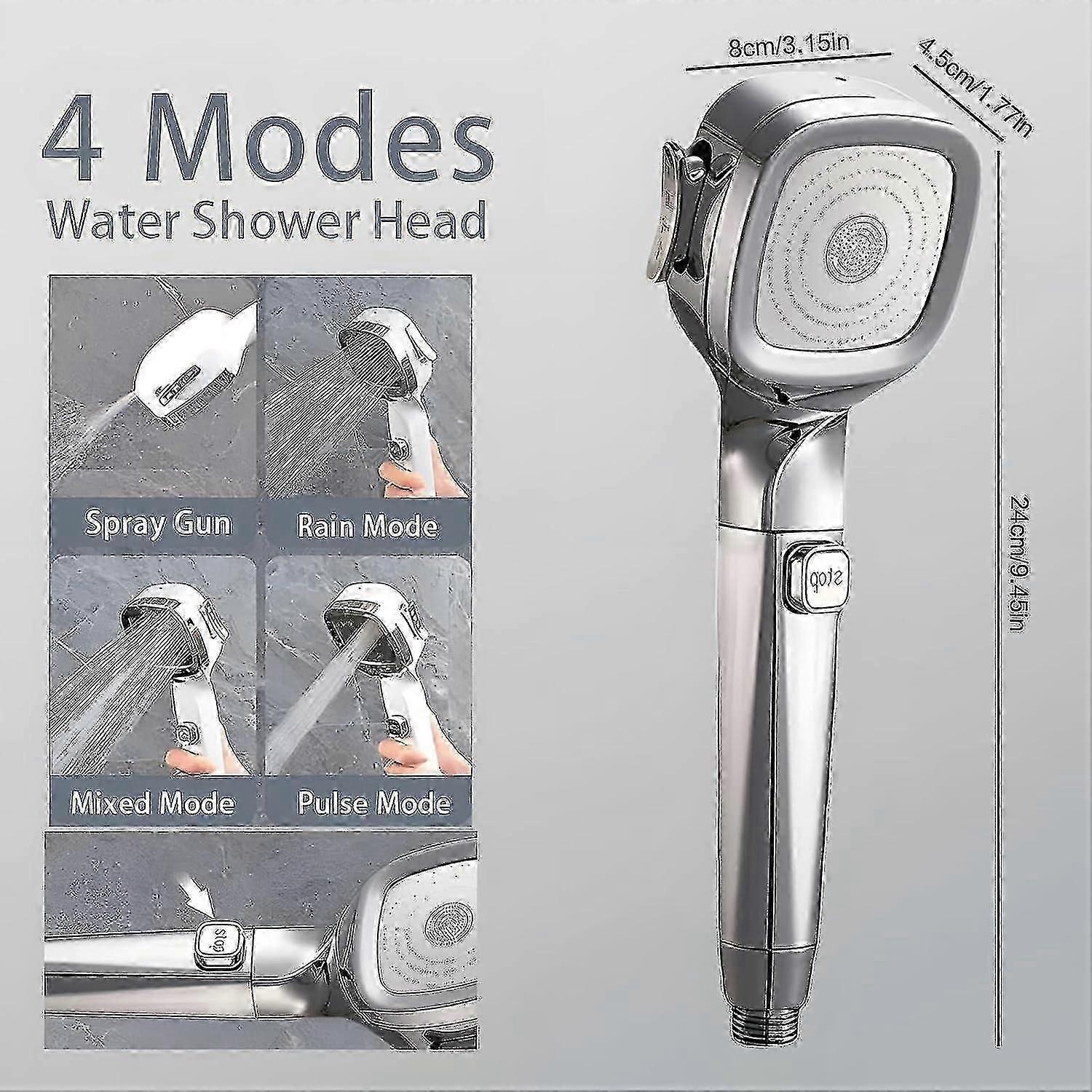 4-mode Handheld Pressurized Shower Head With Pause Switch, High Pressure Shower Head Adjustable Spa