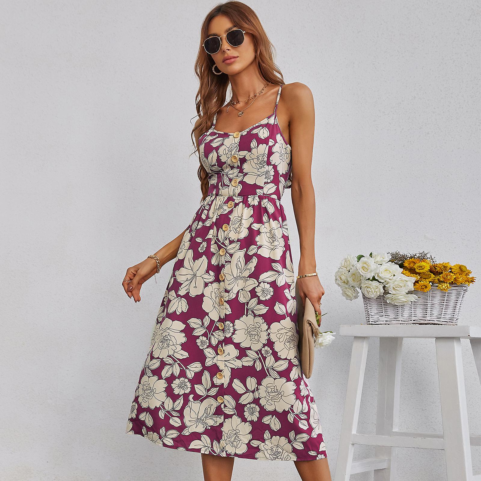 2022 Summer New Printed Suspender Skirt Single Breasted Open Back Dress