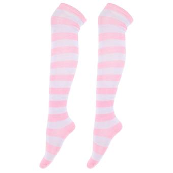 Pair of Women's Pink and White Wide Striped Thigh High Over the Knee Stocking Socks (Pink & White)