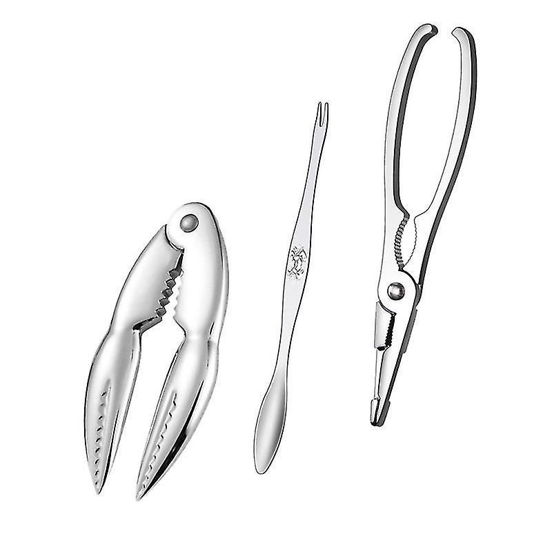 17.7X3.8x1cm Silver Tongs 3pcs Crab Leg Pliers Set Lobster Shell Forks Opener Seafood Pick Tools (si