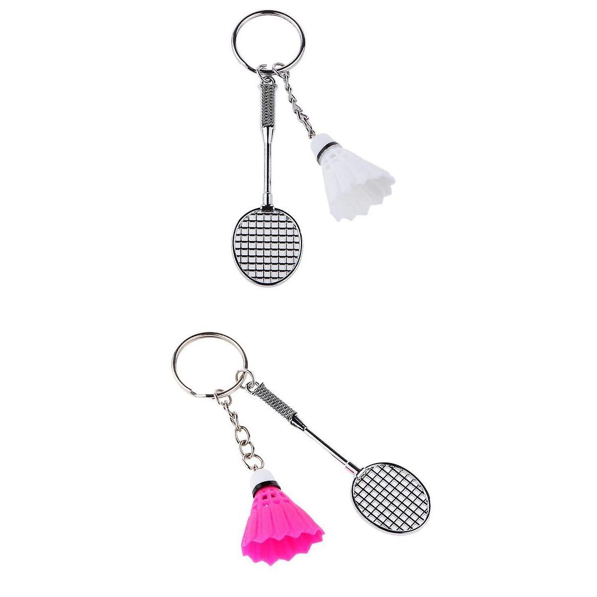 2Pcs Bedminton Racket Shuttlecock Pendant Keyring Keychain Fuchsia White