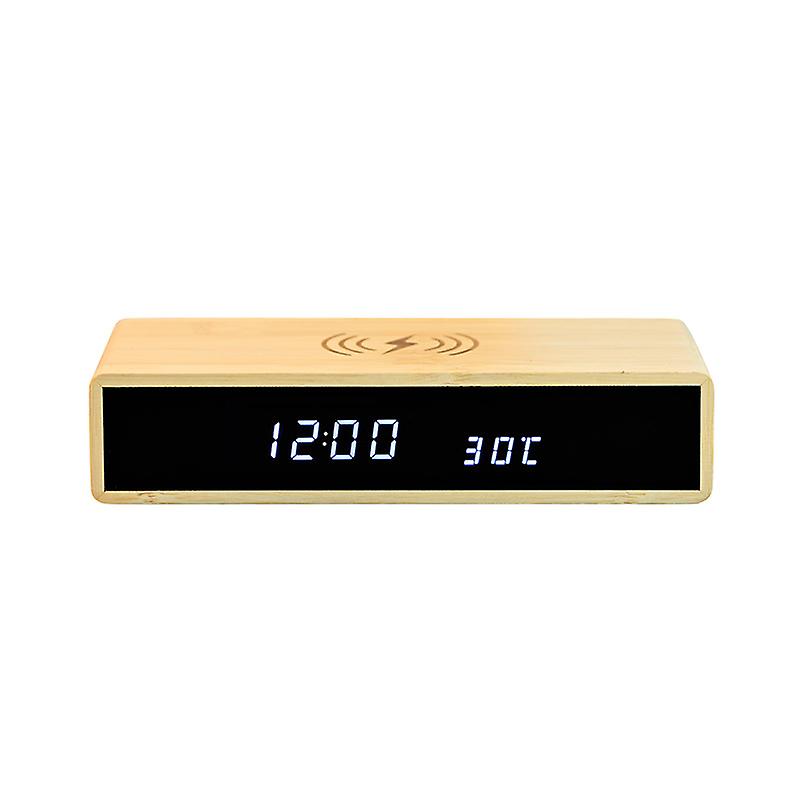 Digital Alarm Clock with 10W Wireless Charging, Bamboo Clock with Three Alarms, Dimmable LED Display-Q33