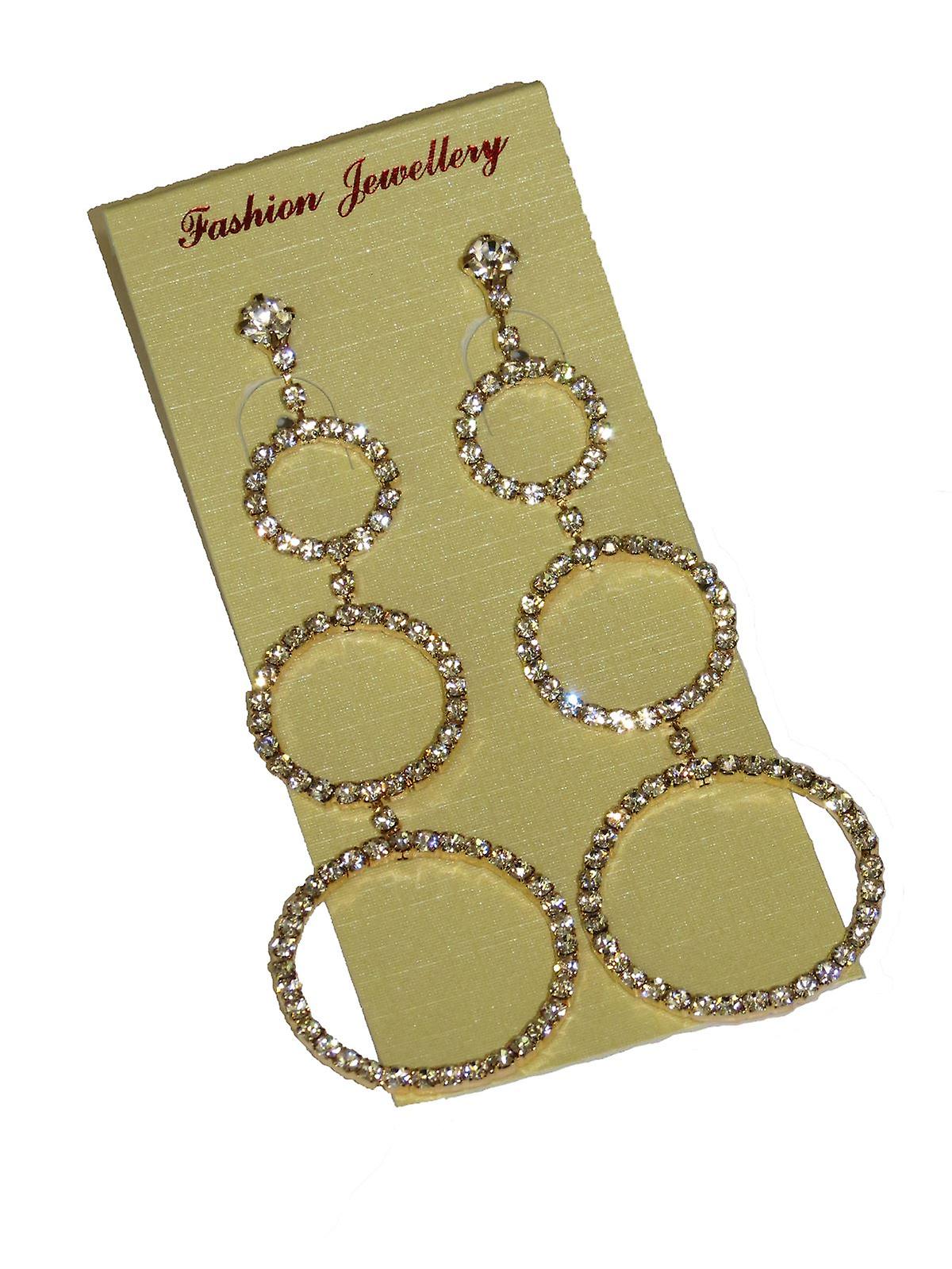 Diamante Earrings 3 Cut Out Circle Drop Hanging Hoops Party Evening Special Occasions