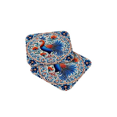Ethnic Folk Floral Tile Design Wood Coaster Set