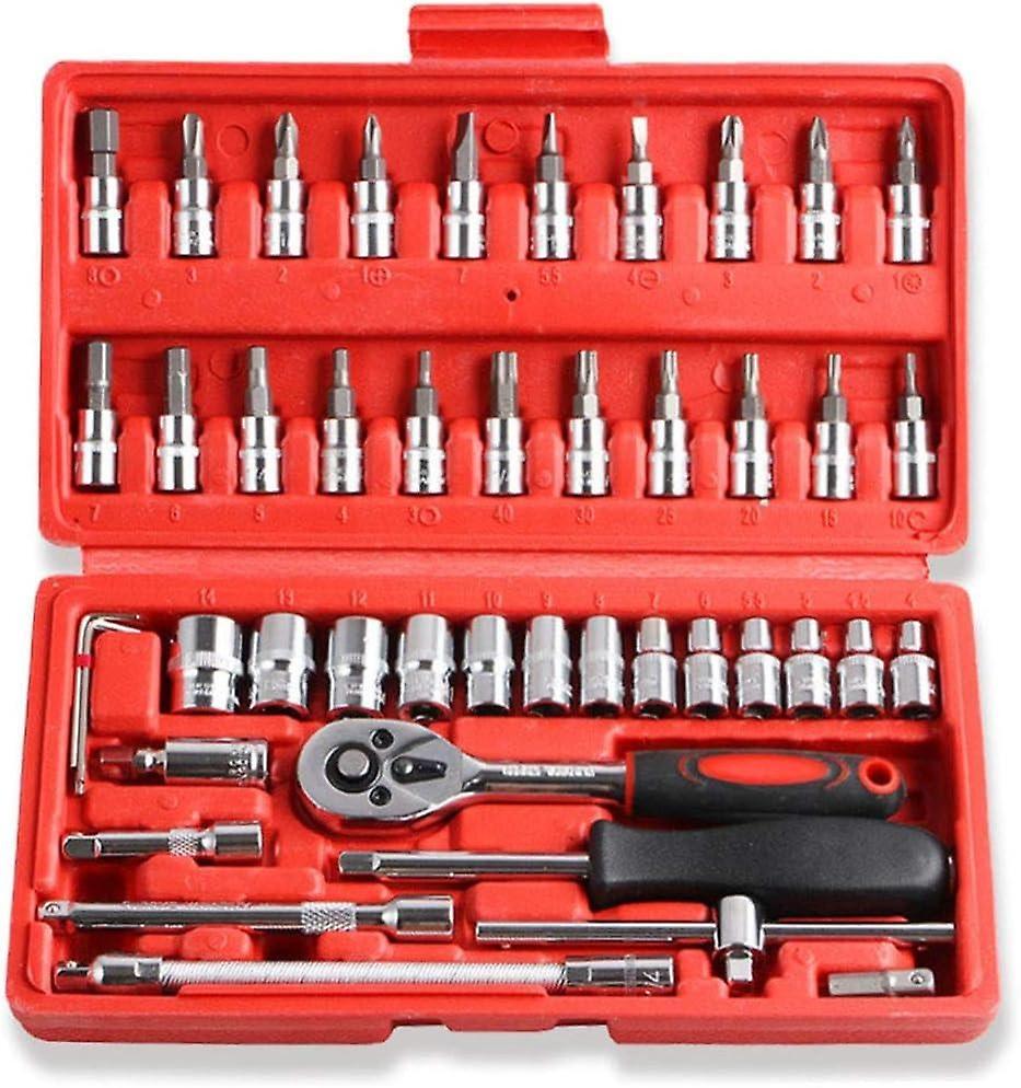 Set of 46 1/4 "Sockets and Driver Bits with Reversible Ratchet Wrench, Extension Bar and Chrome Vana