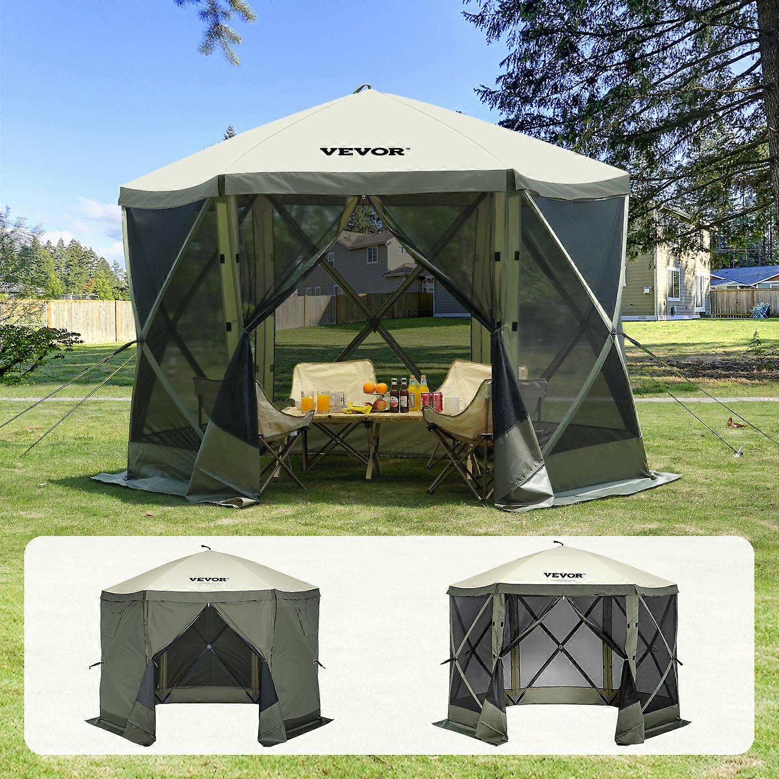 Pop-Up-Pavillonzelt, Pop-Up-Screen-Zelt mit 6-seitigem Vordach-Sonnenschutz mit 6 abnehmbaren Sichtschutz-Windtüchern und Netzfenstern, Armeegrün