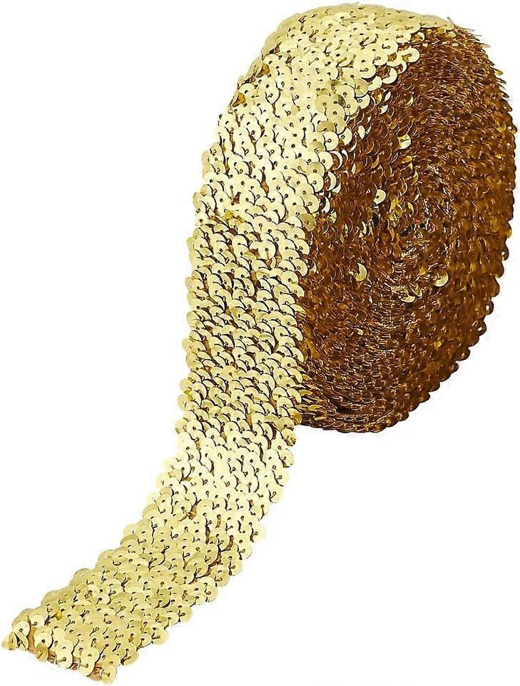 5 Yards 5-Row Gold Elastic Sequin Ribbon Trim 1.9 Inch Wide Polyester Glitter Fabric Ribbon Paillette Trim Stretch Bling Paillette Ribbon for Sewing D