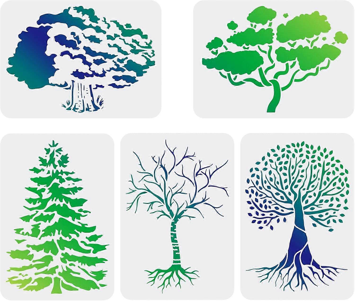 5pcs Reusable Tree Stencils 11.7x8.3 inch Pine/Cypress Tree/Aspen Trees/Life Tree Stencils Plastic Tree Drawing Stencils for Canvas Wood Wall Decor DI