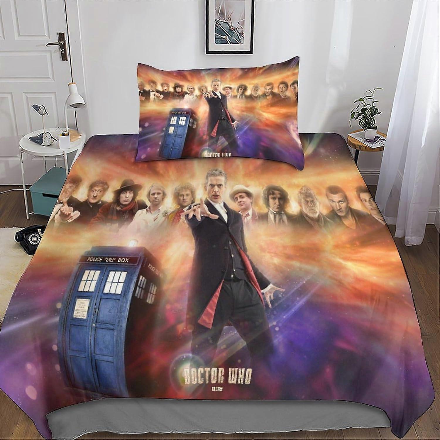 2 pièces Doctor Who Housse de couette Set 3D Bedding Comforter Housse de couette, Microfibre ultra douce avec fermeture à glissière taies d’oreiller simples