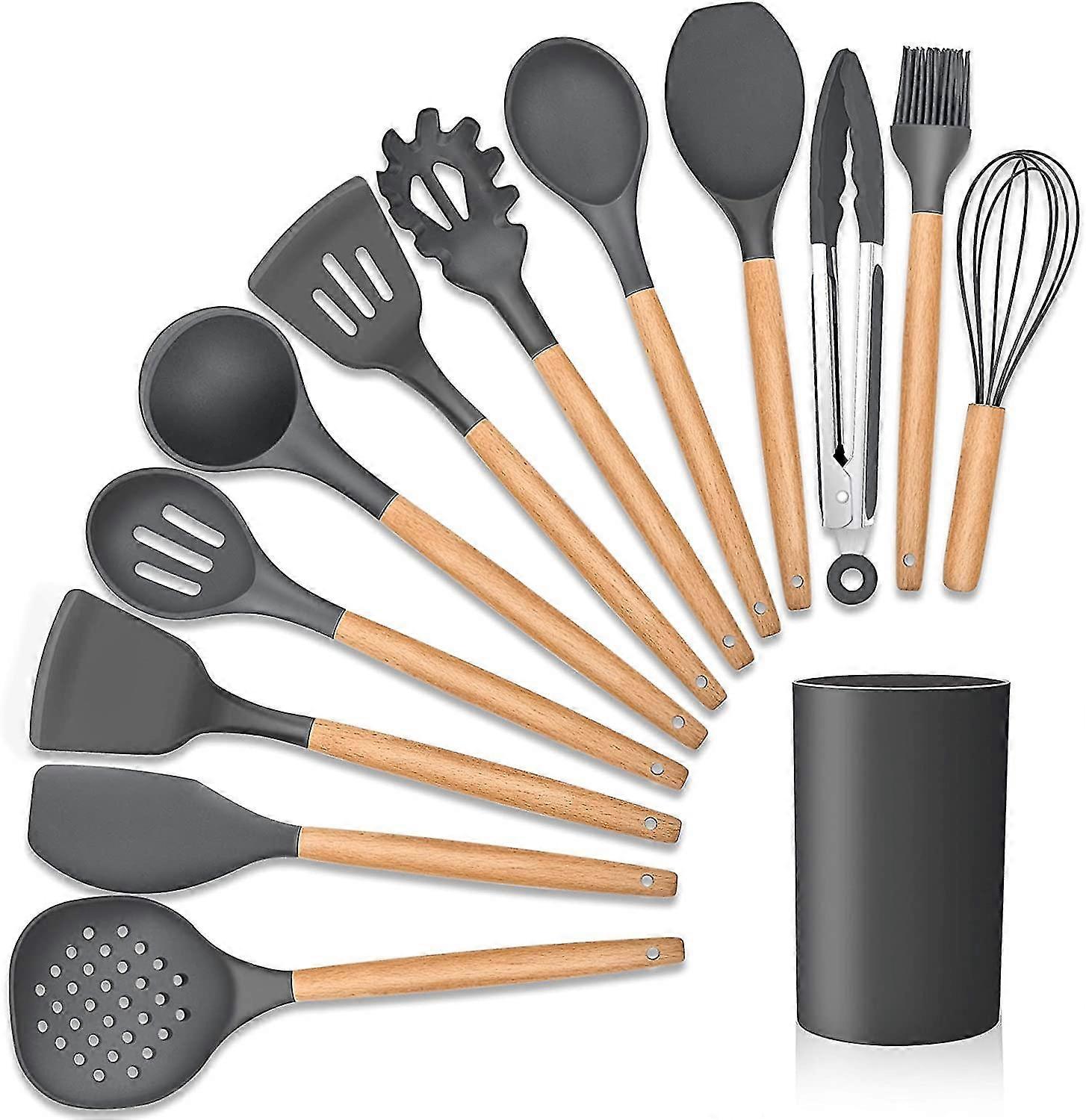 Wabjtam 13-piece Silicone Kitchen Cooking Utensils Set With Holder, Wooden Handle Utensils For Cooking, Kitchen Tools Include Spatula Turner Spoons So