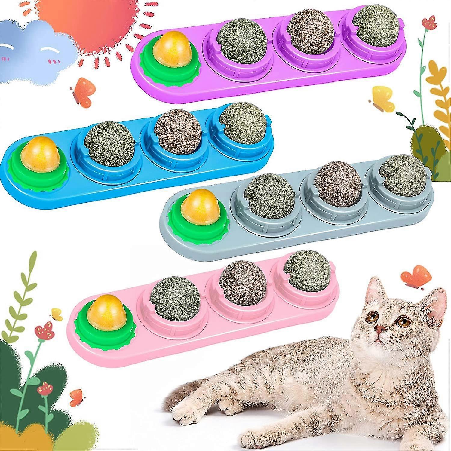 4-pack Catnip Balls Cat Toys Rotating Self-adhesive Catnip Safety Healthy Toys Cat Treats Candy Cats