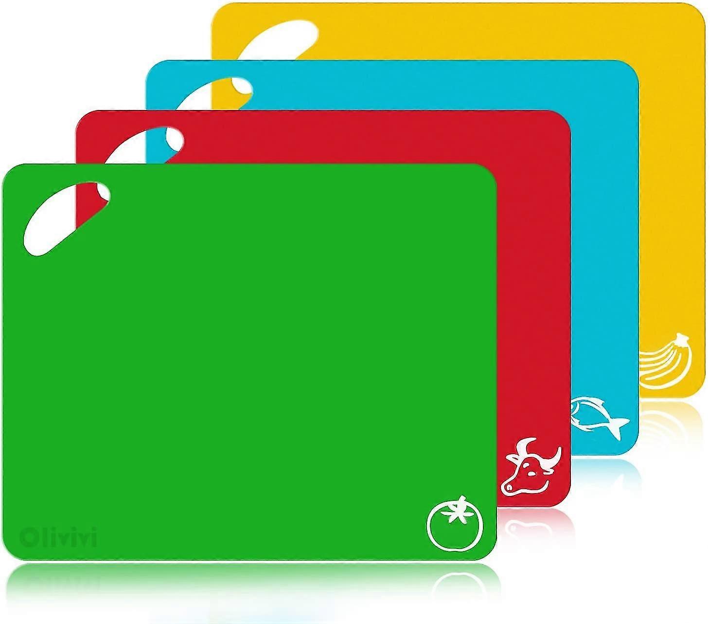 Extra Thick Flexible Plastic Kitchen Cutting Board Mats Set, Set Of 4 Colored Mats With Food Icons & Easy-grip Handles
