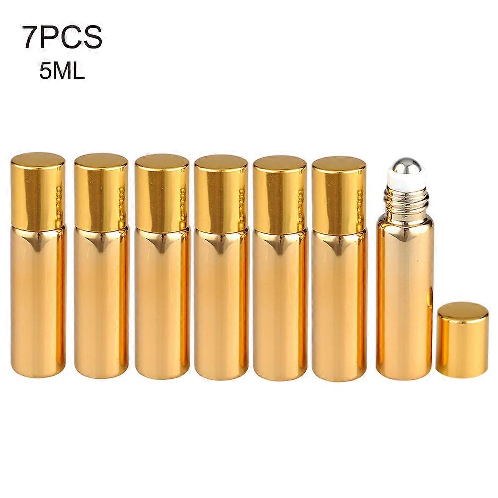 7pcs Refillable Perfume Bottle Glass Essential Oil Roller Bottles Portable Lightweight Empty Roll On Bottle for Travel 5ml Golden