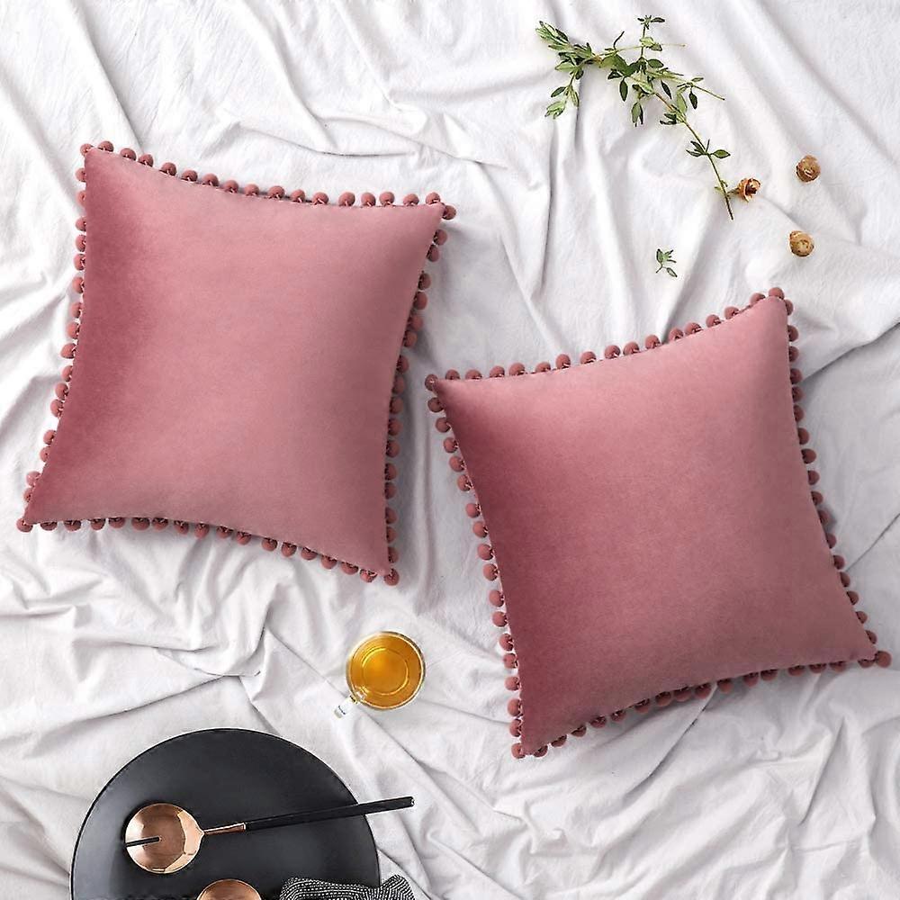 2개 팩 벨벳 던지기 베개 커버 Pompom 장식용 베개 커버 솔리드 소프트 쿠션 커버 폼 스퀘어 소파 소파 침실 자동차 18X18Inch Da