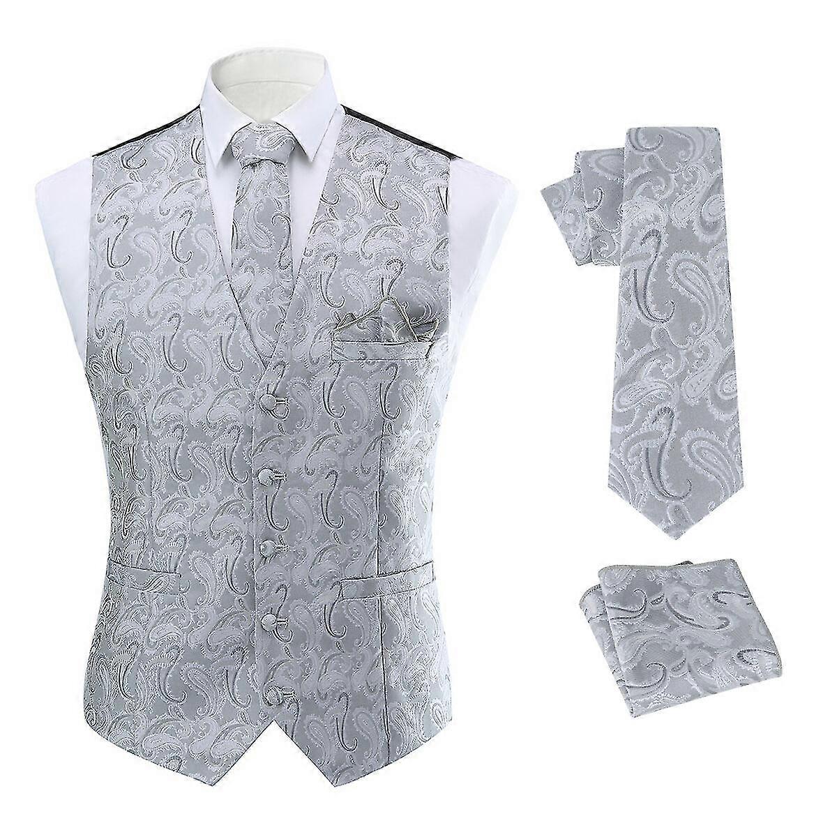 VAWAN Mens 3-Piece Vest Tie Set Wedding Paisley Jacquard Suit Vests&Tie&Pocket Square
