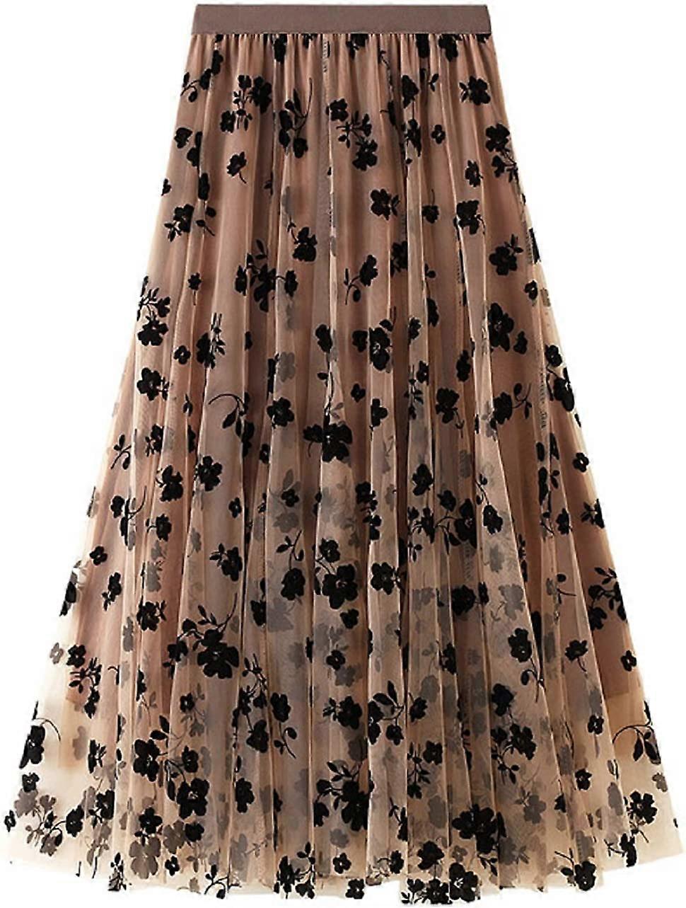 Women's Elastic High Waist Tulle Ruffle Pleated A-Line Swing Midi Skirt S-2XL