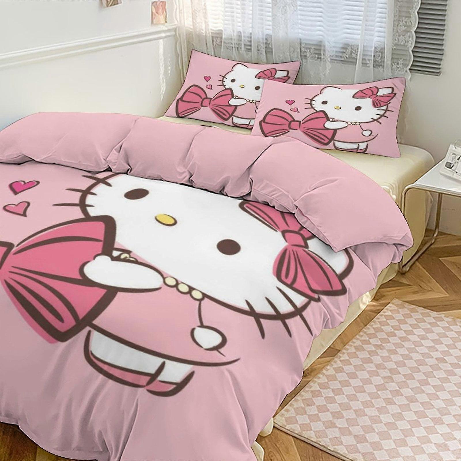Bedding set JP264 Cartoon Hello Kitty Bowknot Heart Girl Room Decor Size Bedding Set for Kids 3 Piece Bedding with 1 Flat Sheet And 2 Pillowcases TH26