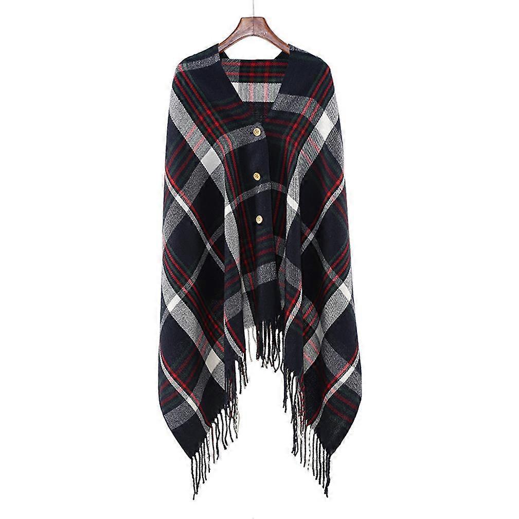 Pashmina Scarf with Bottons Plaid Shawls Loose Poncho with Tassel for Lady