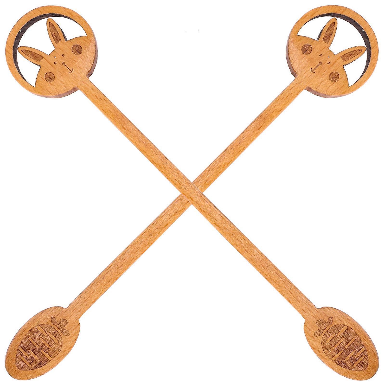 2pcs Easter Pattern Easter-themed Coffee Spoon Easter Rabbit Design Wooden Mixing Spoon for Easter Party