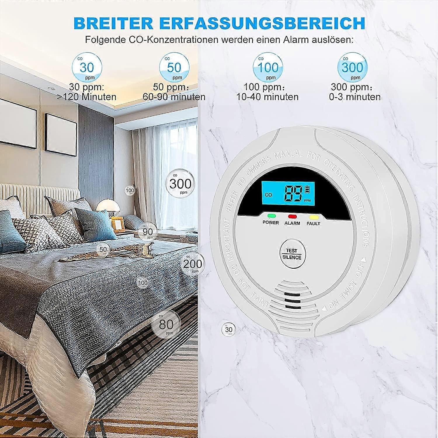 Kohlenmonoxidmelder LCD-Display, CO-Melder 85 dB Alarm, Kohlenmonoxidsensor, Kohlenmonoxidmelder mit Testtaste, Batteriebetrieb