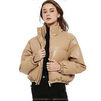 Women's Puffer Jacket PU Leather Short Puffer Coat