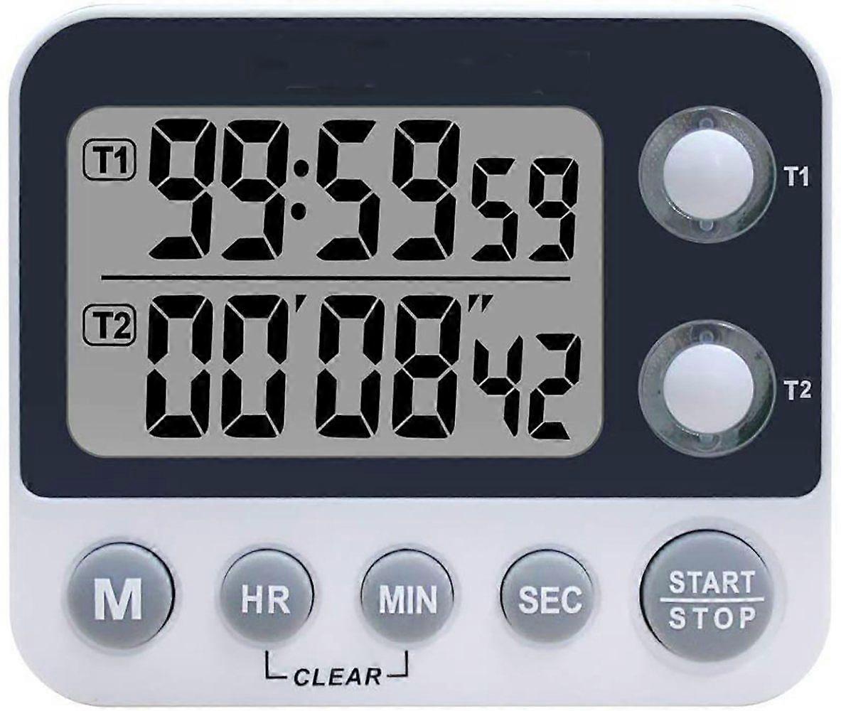 Digital dual kitchen timer, alarm adjustable volume timer, cooking timer, stopwatch, large LCD display down timer