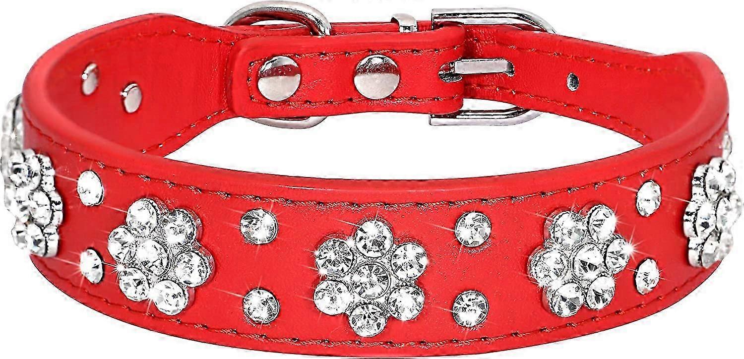 لطيف بو الجلود طوق - حجر الراين نمط زهرة مرصع - 1 بوصة عرض يناسب الصغيرة والمتوسطة الأحمر M: 12-15 "