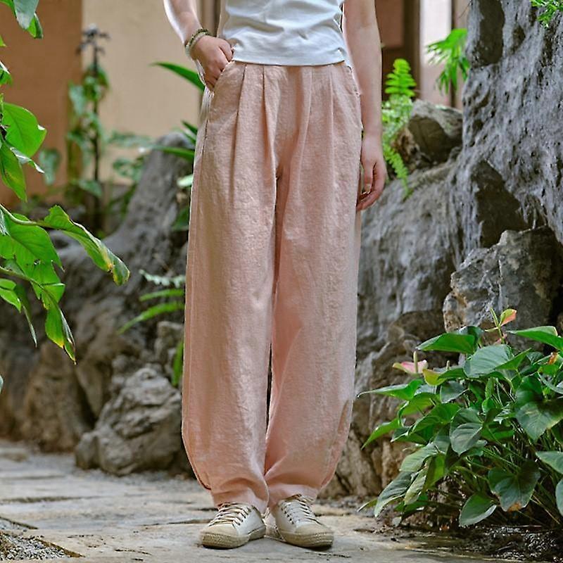 Johnature Women Vintage Solid Color Long Pants Linen Elastic Wasit Spring Trouser Pockets Loose Women Straight Pants