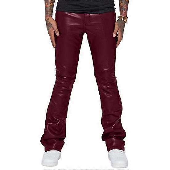 Men Faux Leather Pants Mid Waist Loose Smooth Solid Color Hip Hop Style Streetwear Party Club Performance Flared Trousers