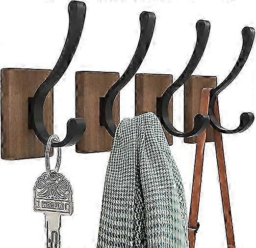 Wood Hooks for Hanging Coats - 4 Pack Coat Hooks Wall Mounted, Hooks for Hanging Hats, Keys,  Robe, Purse, Rustic Hooks for Decorative Livingroom