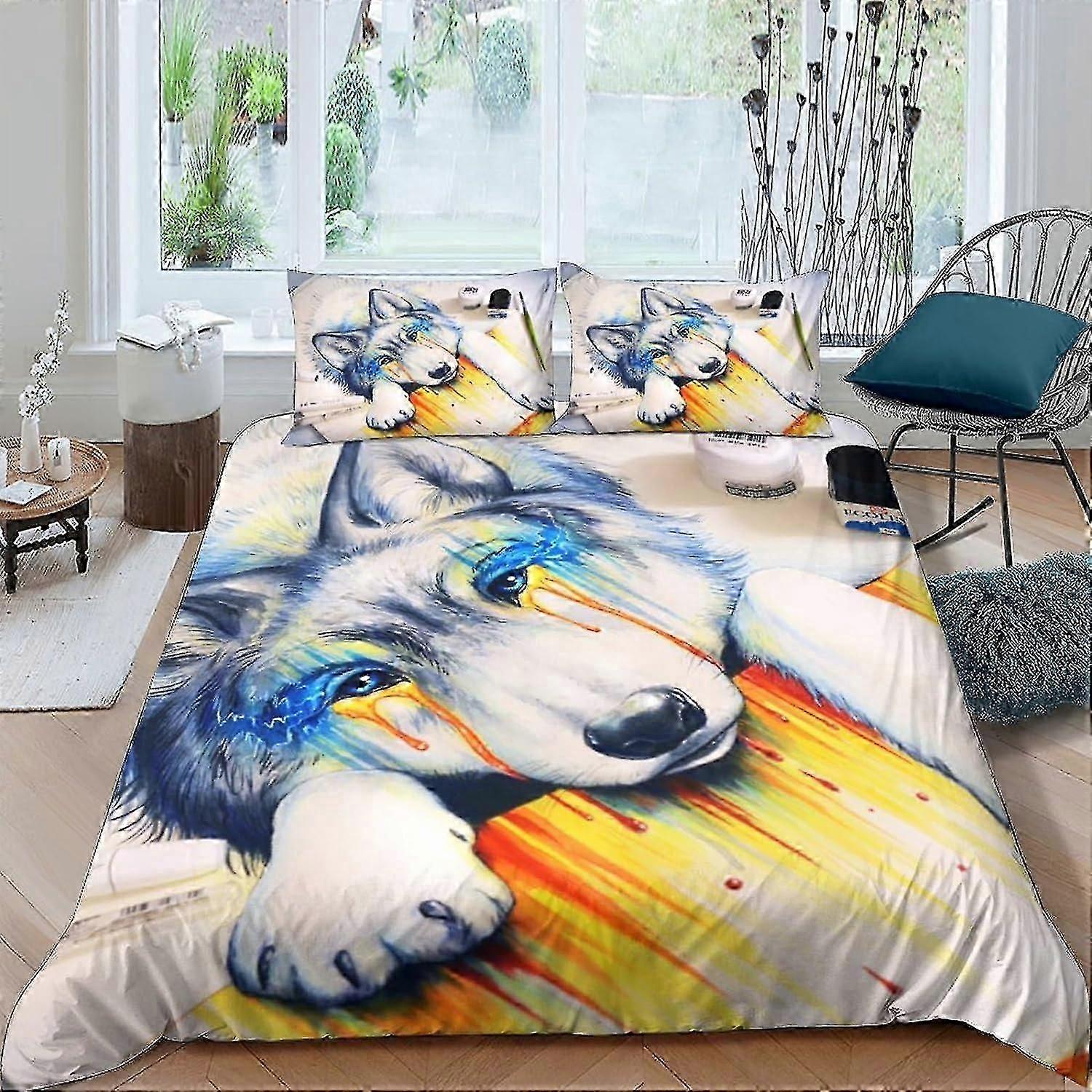 o4302 Lençóis WolfDuvet Cover Set 3D Conjunto de Cama Decorativo Microfibra Poliéster Capa de Edredom com Fronhas, Zíper, Conjunto de 3 Peças Capa de Colcha