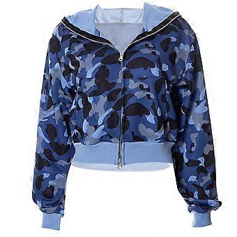 Sweat à capuche d'automne pour femme, double fermeture éclair, imprimé camouflage contrasté, style Harajuku, cardigan bleu L