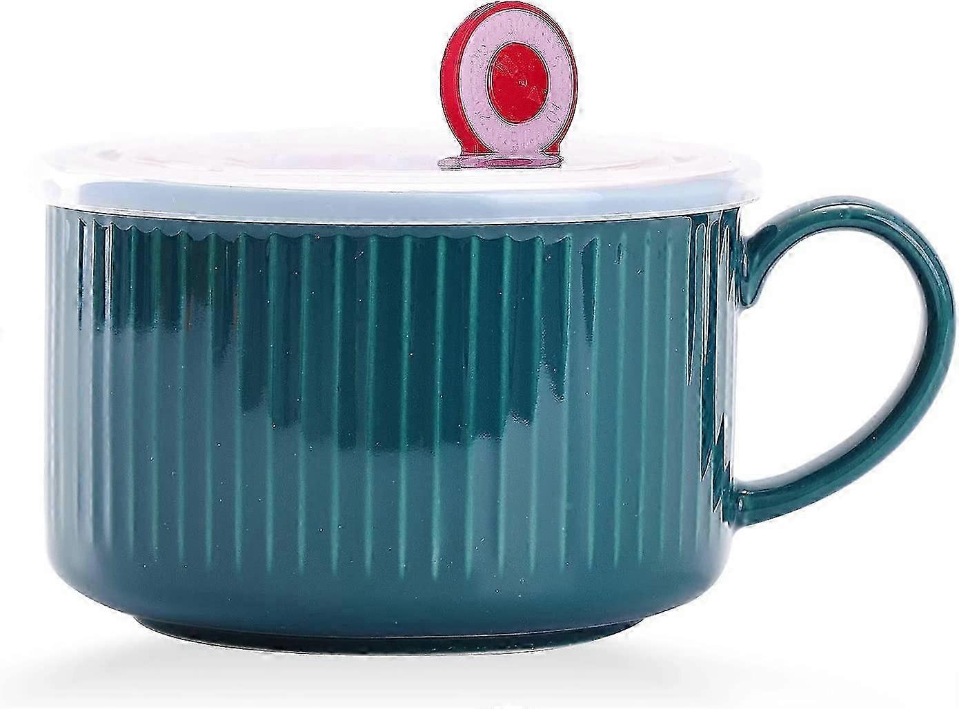 30oz Ceramic Bowl with Lid and Handle for Soup and Instant Noodles Soup Mug, with Heat Preservation Handle-Dark blue