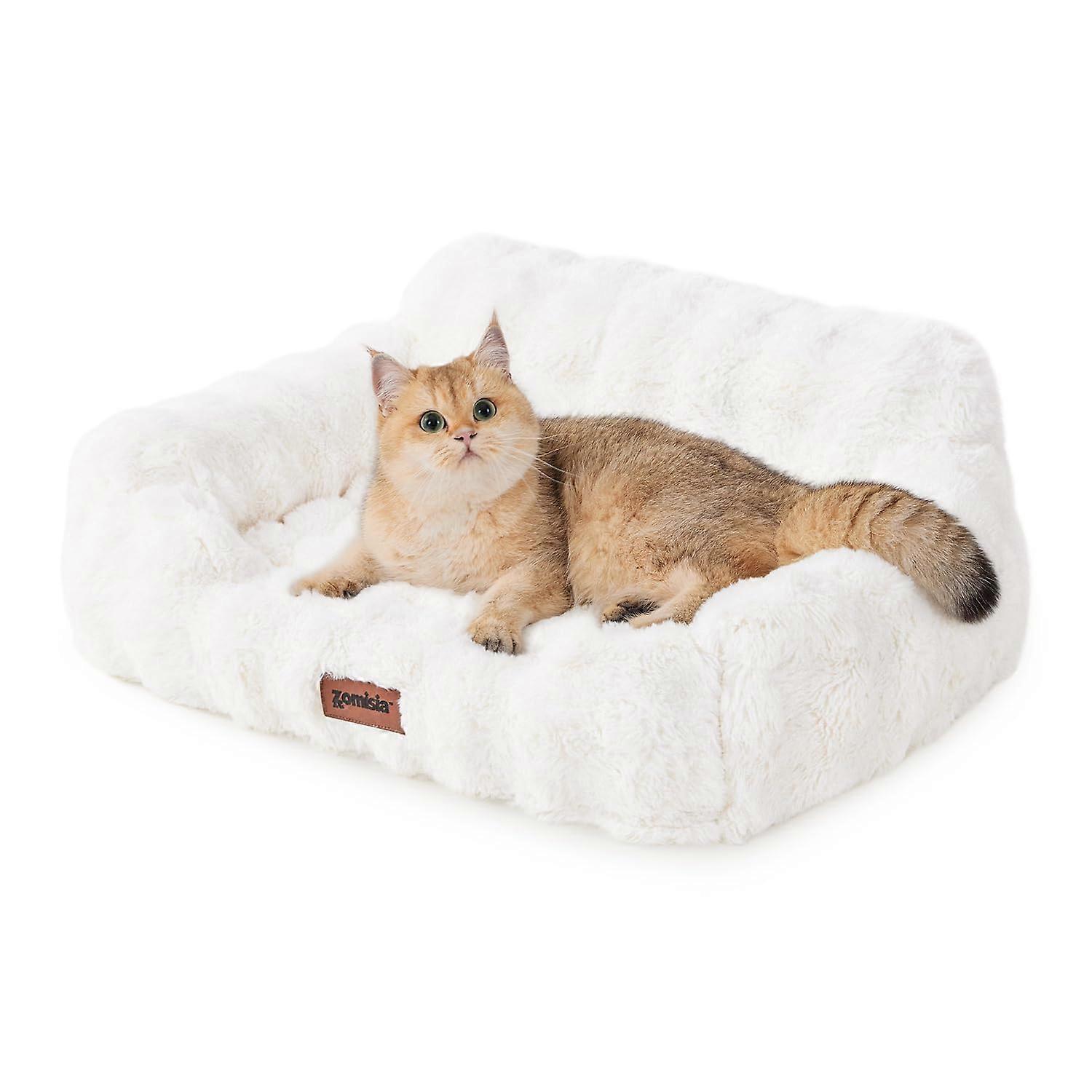 Orthopedic Cat Couch Bed for Indoor Cats, Ivory White Pet Sofa with Egg Foam, Removable Washable Cover, Non-Slip Base