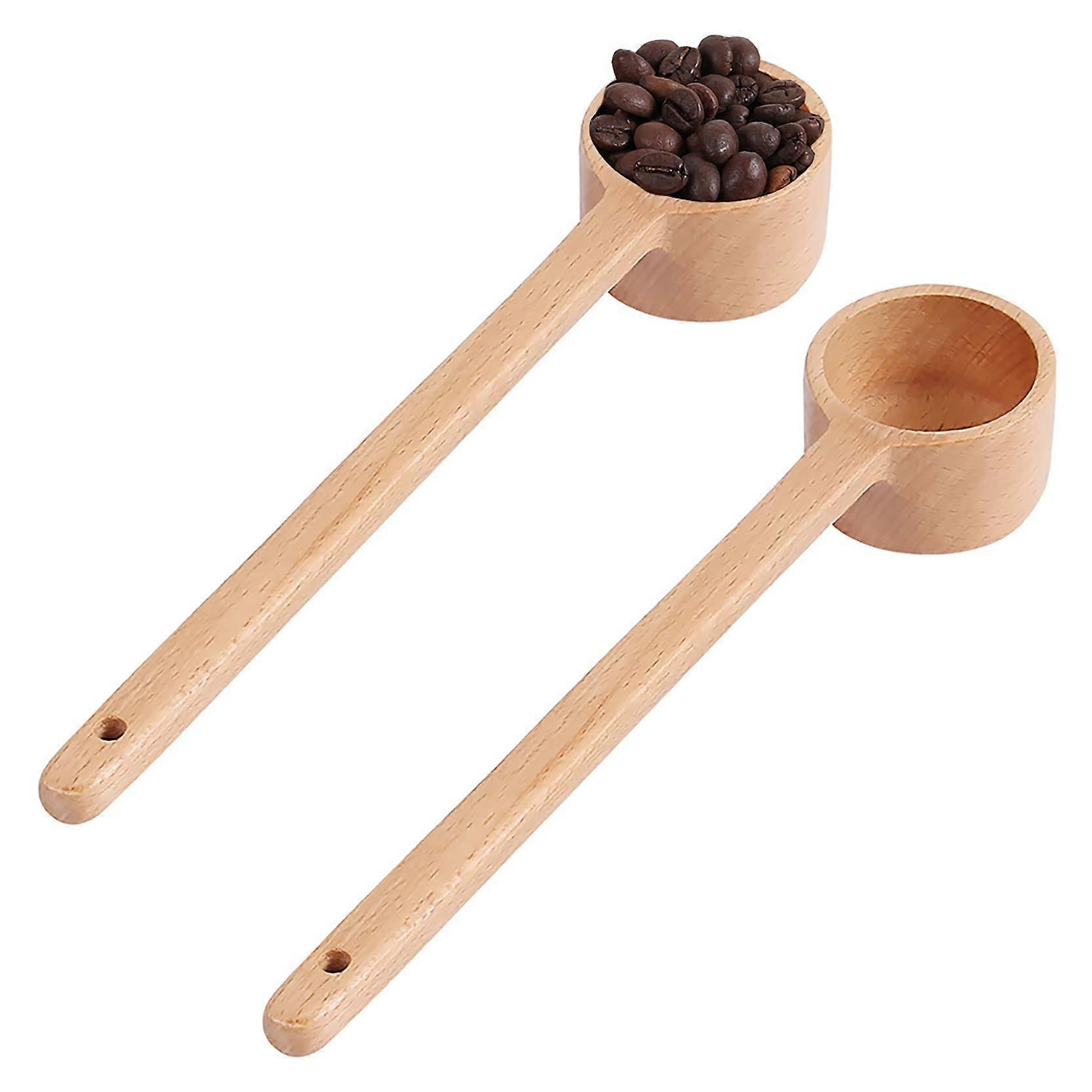 11 Inch Wooden Measuring Spoons Set of 2, 2oz Coffee Scoops with Long Handle for Deep Jars, Beech Wood Teaspoon