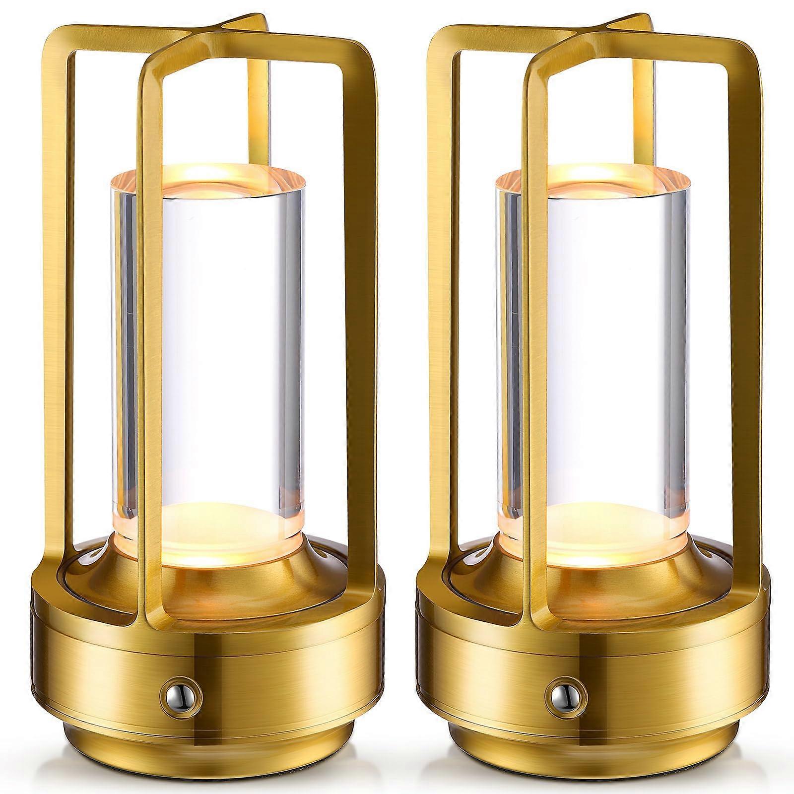 2 Pcs Rechargeable Cordless Metal Table Lamp for Indoor Outdoor Use, Adjustable Brightness, 3 Color Options