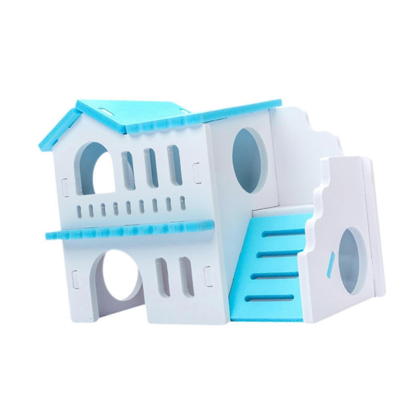Small Animal Hideout with Two Layers, Blue White Exercise Toy Habitat for Chinchilla and Gerbil, Platform Playground Villa