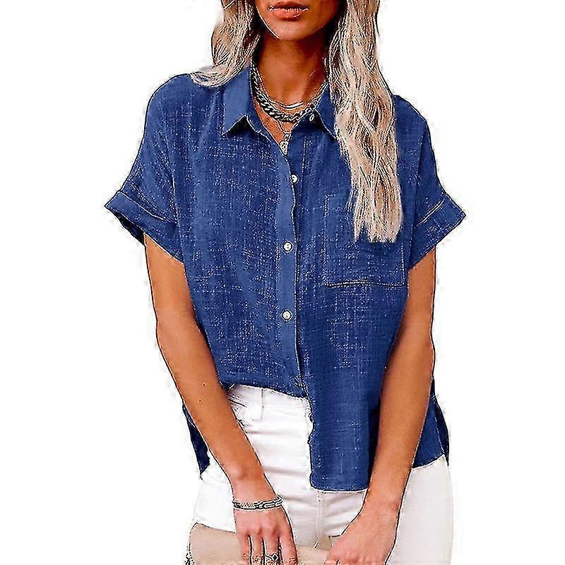 Damen Casual Leinenhemd Kurzarm Lockere Passform Einfarbig