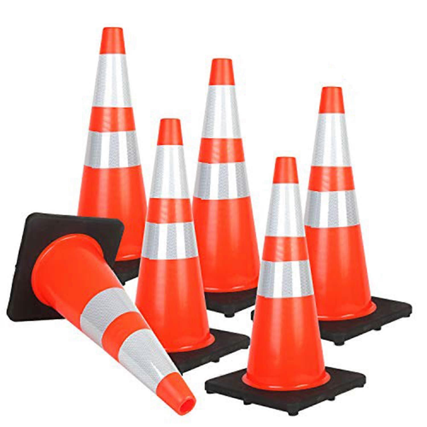 6PCS 28' Traffic Cones PVC Safety Road Parking Cones with Black Weighted Base