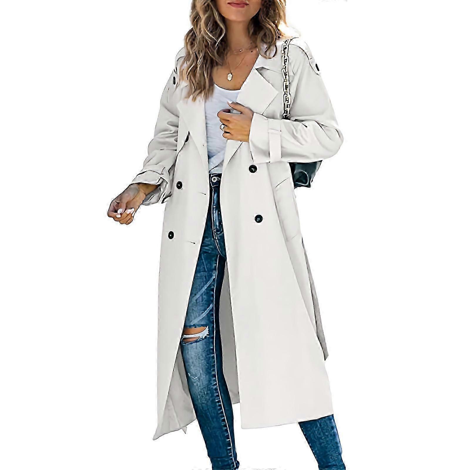Dame Trenchcoat Dobbeltradet revers Overfrakke Slim Overtøj Frakke Helfarve Windbreaker Jakker Xl Hvid